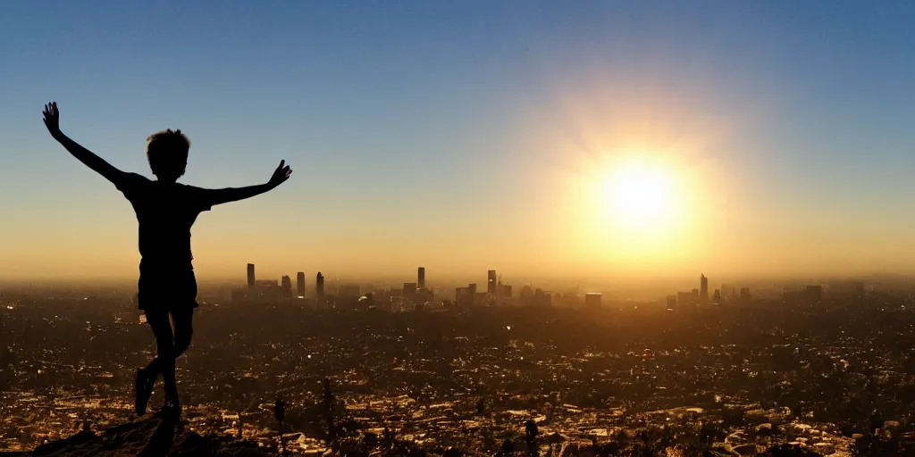 Image similar to photto of the sun with cartoon arms and legs, walking over the horizon to shine its light all over los angeles in an odd and creepy way