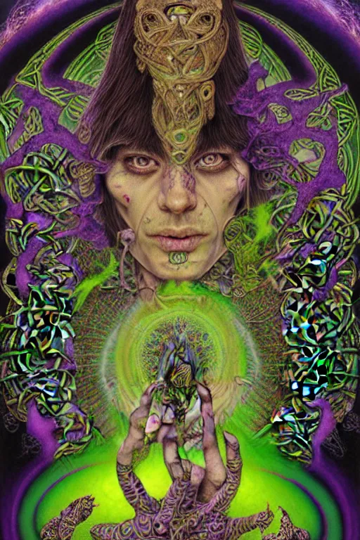 Prompt: psychedelic shaman, green and purple, wearing celtic tattoos, inside an epic, ancient temple, ayami kojima, greg hildebrandt, mark ryden, hauntingly surreal, eerie vibrating color palette of charlie immer, highly detailed painting by, jenny saville, soft light 4 k