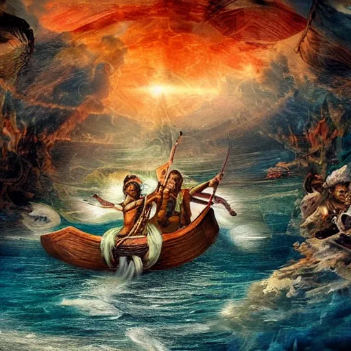 Prompt: Mayand gods aboard a mythical canoe int the great underworld. great energy. beautiful shapes 4k