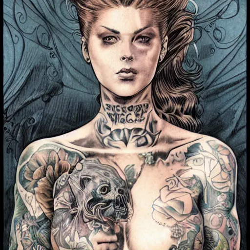 Image similar to a beautiful portrait of a heavily tattooed victorian woman Travis Charest style