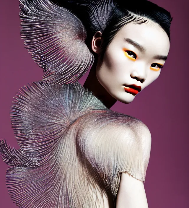 Image similar to photography american portrait of stunning model ming xi. great hair style,, half in shadow, natural pose, natural lighing, rim lighting, wearing an ornate stunning sophistical fluid cloth created by iris van herpen, with a colorfull makeup by benjamin puckey, highly detailed, skin grain detail, photography by paolo roversi