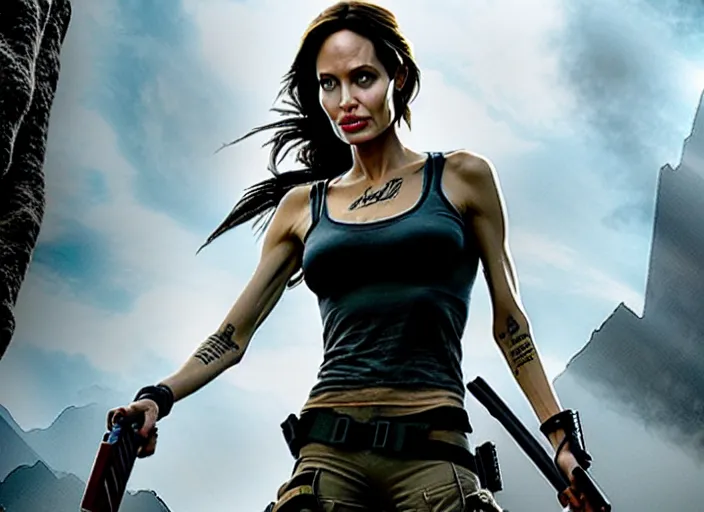 Image similar to film still of!!!! angelina jolie!!! as lara croft in new tomb raider movie, 8 k