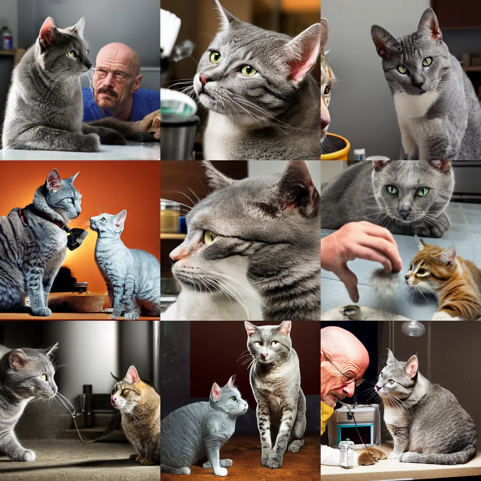 Prompt: gray cat with tan spots of fur being pet by a walter white inside a meth lab, hyper realistic, photo