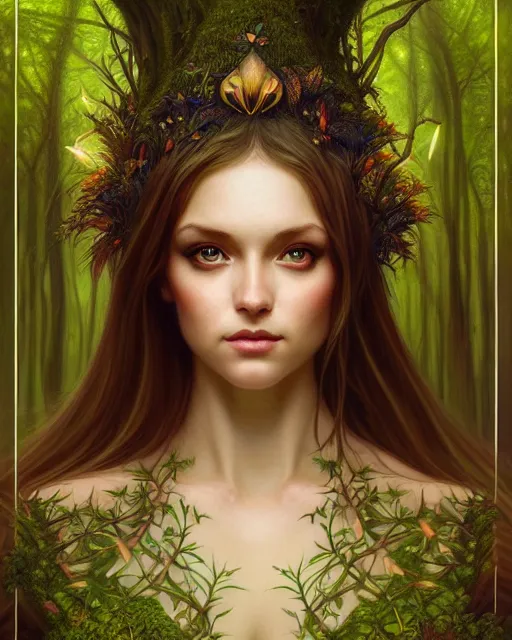 Image similar to symmetry portrait of moss princess, glam, fae, fireflies, forest background, intricate, elegant, highly detailed, digital painting, artstation, concept art, smooth, sharp focus, illustration, art by artgerm and greg rutkowski and fra angelico and alphons mucha
