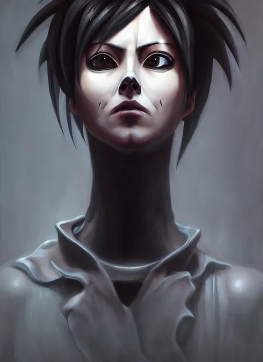 Image similar to dark portrait painting of tracer from overwatch, in style of zdzisław beksinski, scary, horror, feminine facial features, overwatch tracer character, detailed face, dressed in dark garment, black tendrils, tall,