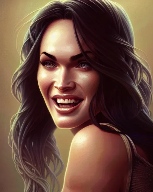 Prompt: portrait of megan fox laughing, intricate, headshot, highly detailed, digital painting, artstation, concept art, sharp focus, cinematic lighting, illustration, art by artgerm and greg rutkowski, alphonse mucha, cgsociety