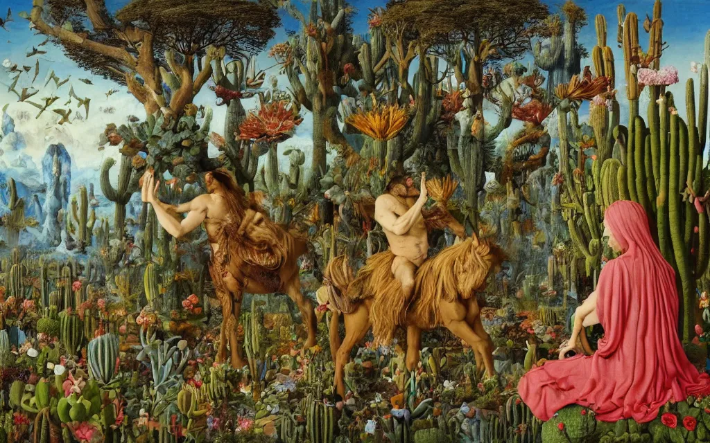 Prompt: photograph of a meditating centaur shaman and a striped werewolf feeding animals. surrounded by bulbous flowers, animals and a few trees and cacti. river delta with cliffs under a blue sky of burning stars. painted by jan van eyck, max ernst, ernst haeckel, ernst fuchs and artgerm. trending on artstation, trending on cgsociety