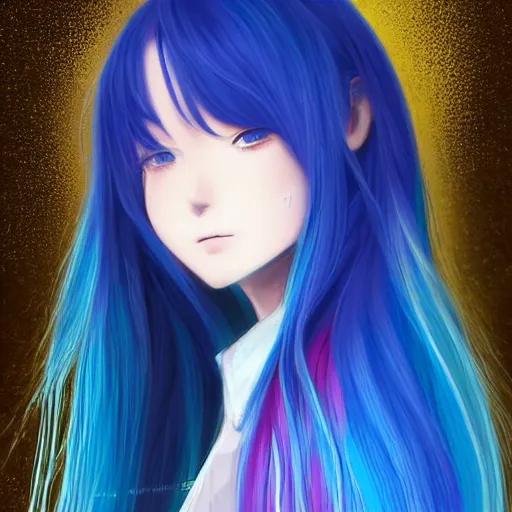 Image similar to side profile of rimuru tempest crying with sky blue hair, long hair, gold eyes, high collar, black jacket with white stripes | shiny, highly detailed, rain, professional digital painting, concept art, award - winning photography, cinematic, wlop | art by pixiv art, ilya kuvshinov yoshitaka amano