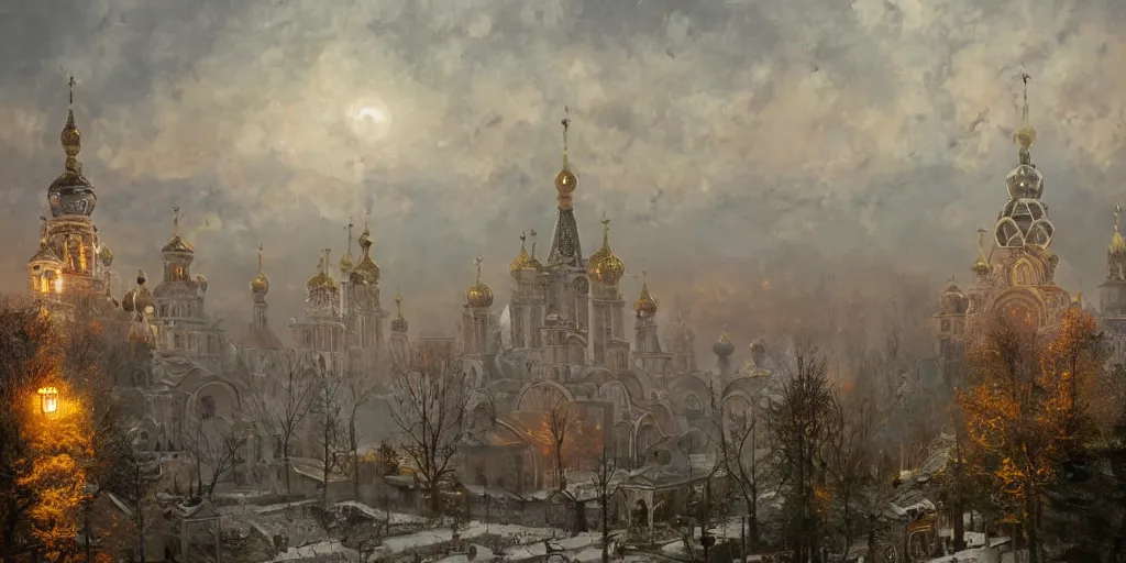 Image similar to beautiful magical ancient Slavic city of Kitezh in mist, magic lights, magic mist, strange buildings, oil painting, painting by Viktor Vasnetsov, concept art, fantasy cityscape, ancient Russian architecture, painting by Ivan Shishkin, hyperborea, high resolution, trending on artstation, hyperrealism
