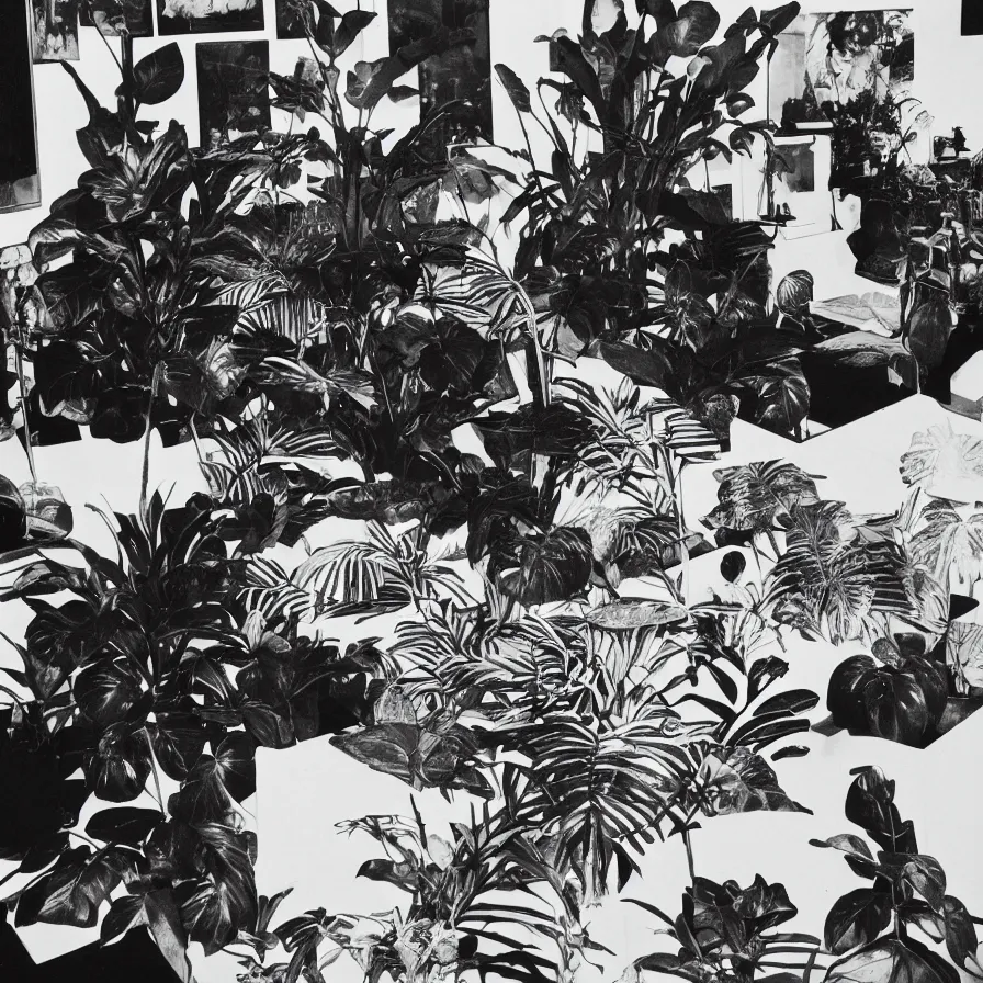 Image similar to A black and white photography of an exhibition space with objects of Sun Ra, Marcel Duchamp and tropical plants, 60s, offset lithography print, close up shot