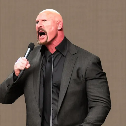 Prompt: stone cold steve austin addresses parliment, high detail, photorealistic,