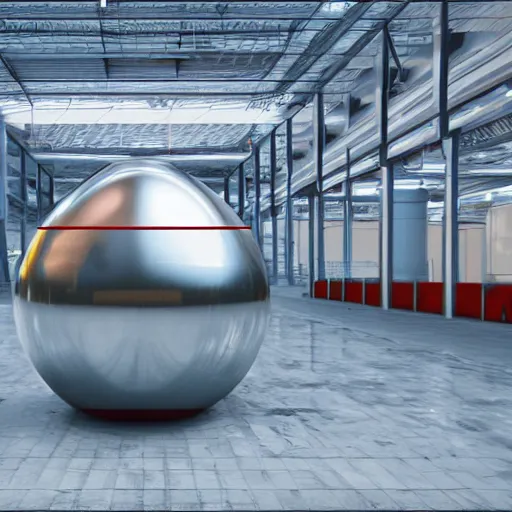 Image similar to big metallic capsule connected to pipelines, purpose is pump, standing in large industrial hall, designed by best engineers, raytracing, reflections