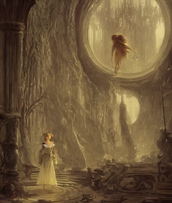 Prompt: Fantasy concept art of a witch girl standing on a palace room by William-Adolphe Bouguerea, highly detailded