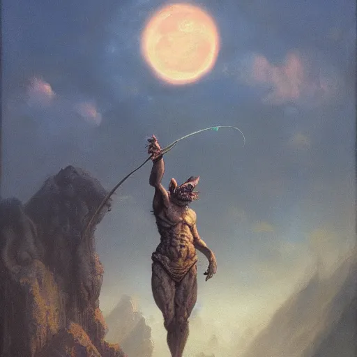 Prompt: beautiful realistic fantasy painting of a goblin moon, by pascal blanche and Frazetta and Beksinski, volumetric lighting, trending on art station, polarizer filter