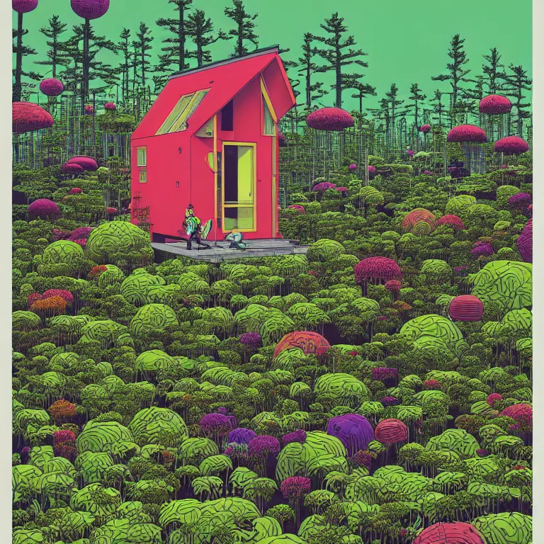 Image similar to tiny house by kengo kuma on island sea cloud surreal art by geof darrow jason naylor, very coherent, sharp, colorful high contrast, dark shadows, hard lighting, floralpunk flower green plants garden, inking etching screen print, hd, 8 k hyper detailed, octane render