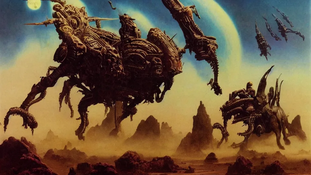 Prompt: surreal eerie alien planet empire, an alien army on a horse like creatures by frank frazetta and bruce pennington, cinematic matte painting