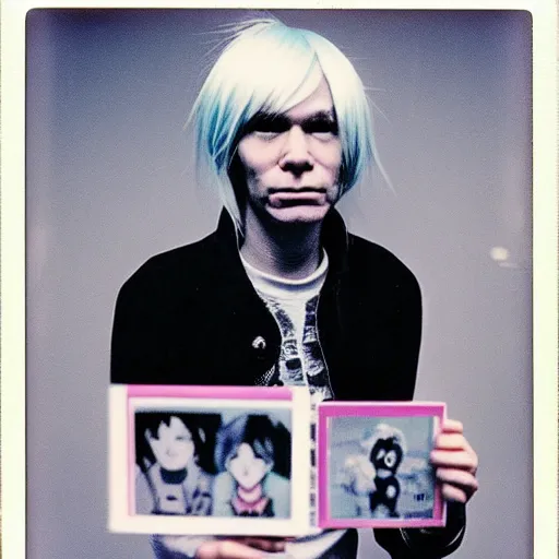 Image similar to Polaroid Portrait of Andy Warhol doing anime cosplay, taken in the 1970s, photo taken on a 1970s polaroid camera, grainy, real life, hyperrealistic, ultra realistic, realistic, highly detailed, epic, HD quality, 8k resolution, body and headshot, film still, front facing, front view, headshot and bodyshot, detailed face, very detailed face