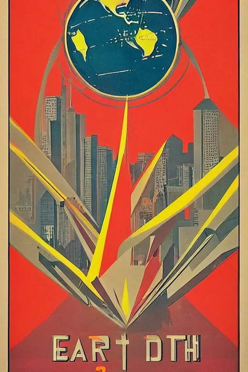 Image similar to poster of earth, 1 9 5 0 s style, futuristic design, dark, symmetrical, washed out color, centered, art deco, 1 9 5 0's futuristic, glowing highlights, intense