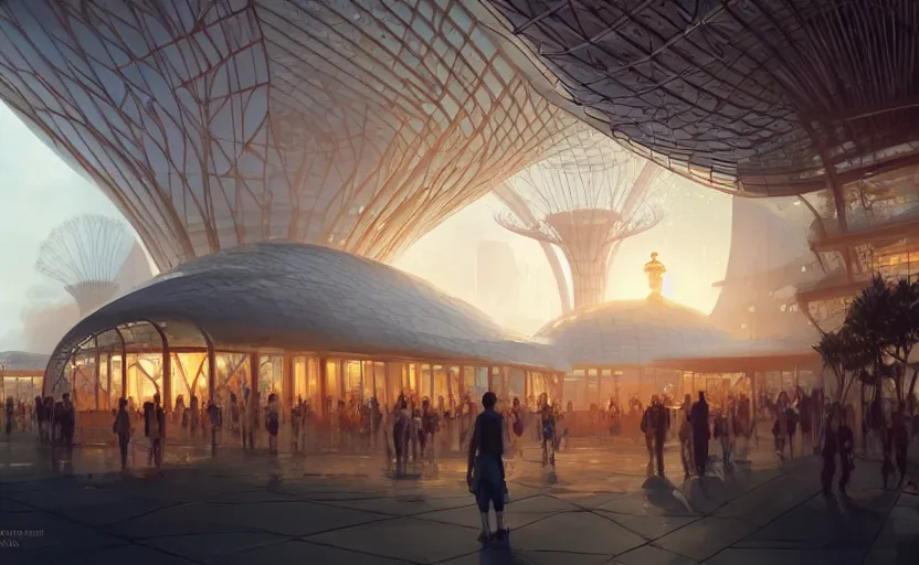 Image similar to singapore pavillion exterior at the next world expo designed by gensler, elegant atmosphere, glowing lights, highly detailed, digital painting, artstation, concept art, smooth, sharp focus, illustration, art by wlop, mars ravelo and greg rutkowski