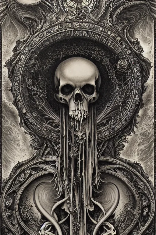 Prompt: detailed realistic memento mori lithograph, mixture of life and death, by cameron gray and ernst haeckel, gothic ornament, skulls, bones, art nouveau, neogothic, ornate art nouveau botanicals, symmetry, polished