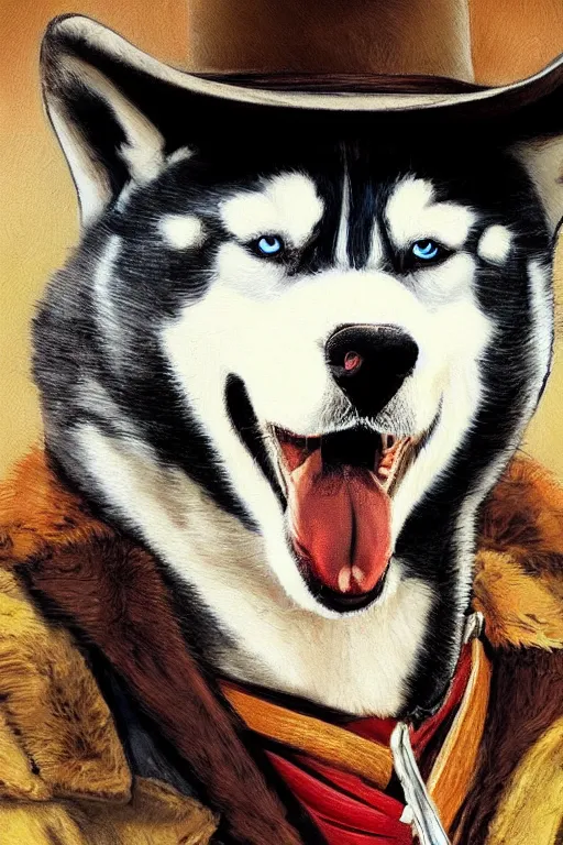 Image similar to a portrait painting of a husky in cowboy costume in the style of anime, a fistful of dollars, for a few dollars more, humanoid, the good the bad and the ugly, personify, anthropomorphic