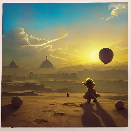 Image similar to eye - level view, shot from 5 0 feet distance, baby yoda plays is on a seesaw fund city playground on tatooine. a bunch of balloons are on sale in the background. depth, dramatic clouds, setting sun. golden hour, oil on canvas painting, detailed, depth, volume, chiaroscuro, quiet intensity, serene.