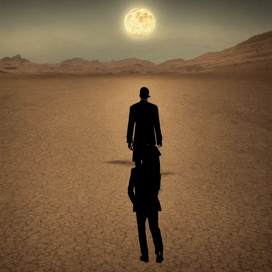 Image similar to a beautiful landscape of a powerful man wandering in a vast desert lit by the man in the moon