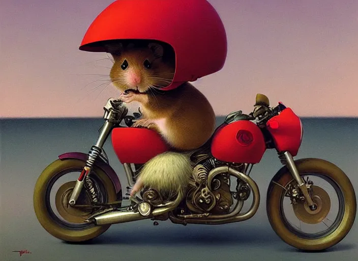 Image similar to a cute hamster riding a motorcycle, Edward Hopper and James Gilleard, Zdzislaw Beksinski, Mark Ryden, Wolfgang Lettl highly detailed