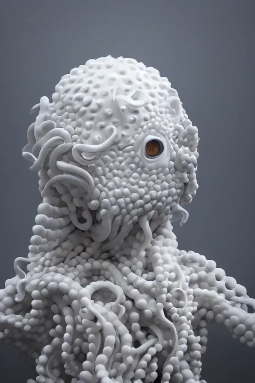 Prompt: full head and shoulders, beautiful porcelain female person, smooth, delicate facial features, white detailed eyes, white lashes, 3 d white shiny thick, large octopus tentacles and eyeballs by daniel arsham and james jean