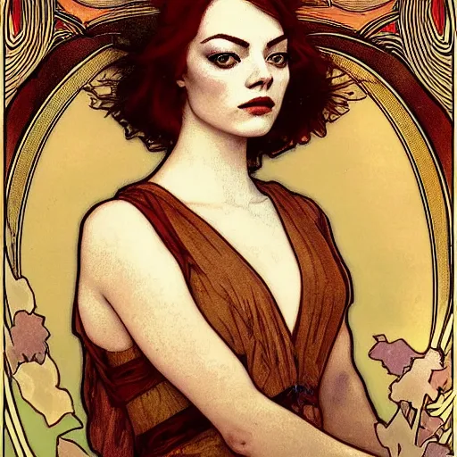 Prompt: emma stone portrait by louis - theophile hingre and alphonse mucha, hyperrealistic, sharp focus, zodiac signs, tarot cards, planets, ethereal, art nouveau, magic, moon, sun, crown, dreamy
