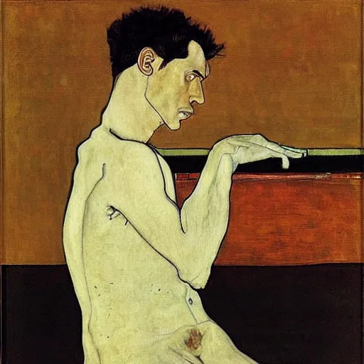 Image similar to painting of a man sitting at a grand piano, but not playing. he's looking into the void. by schiele