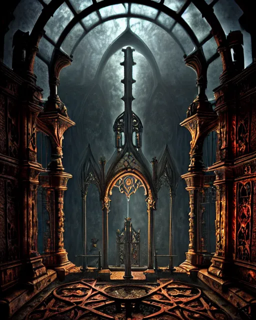 Image similar to steam necropolis, memento mori, gothic, neo - gothic, art nouveau, hyperdetailed copper patina medieval icon, stefan morrell, philippe druillet, ralph mcquarrie, concept art, steampunk, unreal engine, detailed intricate environment, octane render, moody atmospherics, volumetric lighting, ultrasharp, ominous, otherworldly