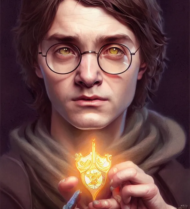 Image similar to portrait of harry potter, intricate, highly detailed, digital painting, artstation, concept art, sharp focus, cinematic lighting, illustration, art by artgerm and greg rutkowski, alphonse mucha, cgsociety