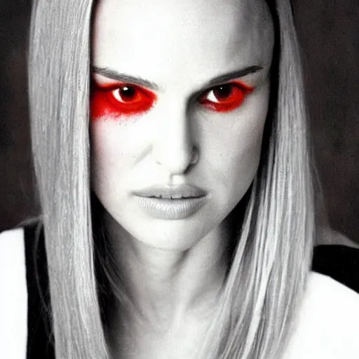 Prompt: “Natalie Portman portrait, red black white colors, long white hair, space on the background, red eyes”