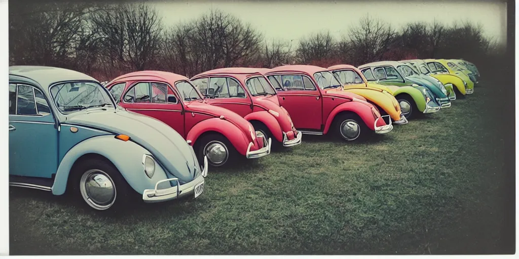 Image similar to polaroid photo of volkswagen beetles, vintage colors, slight color bleed