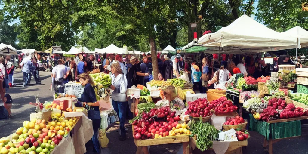 Prompt: a lovely photo, sunday morning at the local farmers market, vendors with fruit and breads, jars of jams and honey, crowds of people, flowers and activity all around, happy, fun