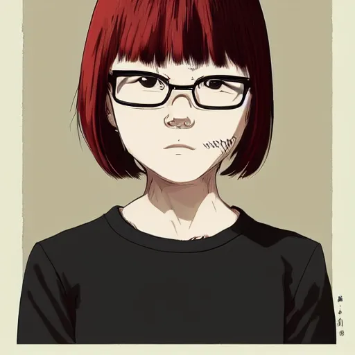 Prompt: sawa nakamura, manga, highly detailed, digital art, centered, portrait, colored accurately, red hair, thin rimmed glasses, short bob cut, in the style of inio asano