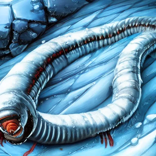 Image similar to giant jello worm in a icy desert, ice, snow, cold, by the tony sart and hr giger, artstation