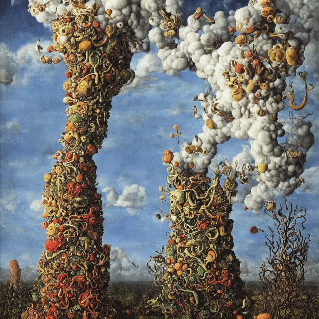 Image similar to a single colorful! ( lovecraftian ) fungus tower white! clear empty sky, a high contrast!! ultradetailed photorealistic painting by jan van eyck, audubon, rene magritte, agnes pelton, max ernst, walton ford, andreas achenbach, ernst haeckel, hard lighting, masterpiece