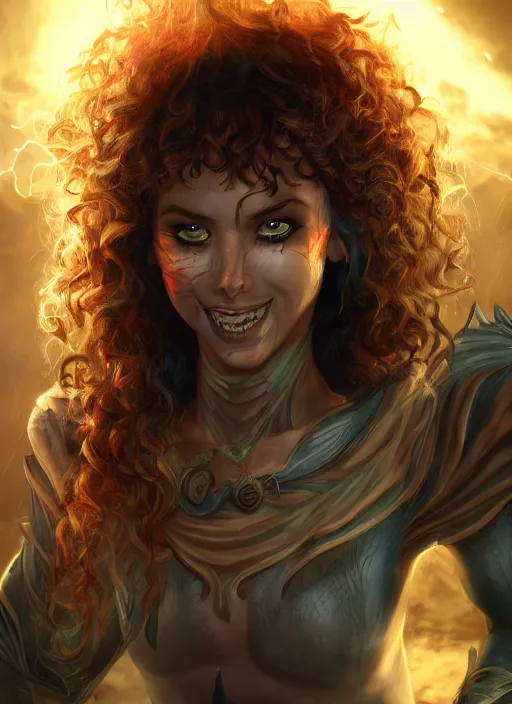 Image similar to an epic fantasy comic book style portrait painting of a girl wearing fantasy makeup with a mischievous smile and curly brown hair stepping out of a doorway with light shining behind her, unreal 5, daz, hyperrealistic, octane render, cosplay, rpg portrait, dynamic lighting