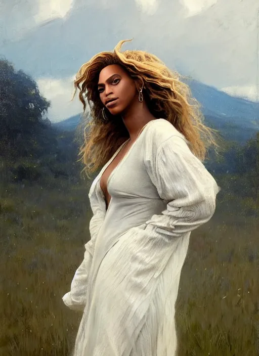 Prompt: portrait of Beyonce practicing wild magic, countryside, calm, fantasy character portrait, dynamic pose, above view, sunny day, thunder clouds in the sky, artwork by Jeremy Lipkin and Giuseppe Dangelico Pino and Michael Garmash and Rob Rey, very coherent asymmetrical artwork, sharp edges, perfect face, simple form, 100mm