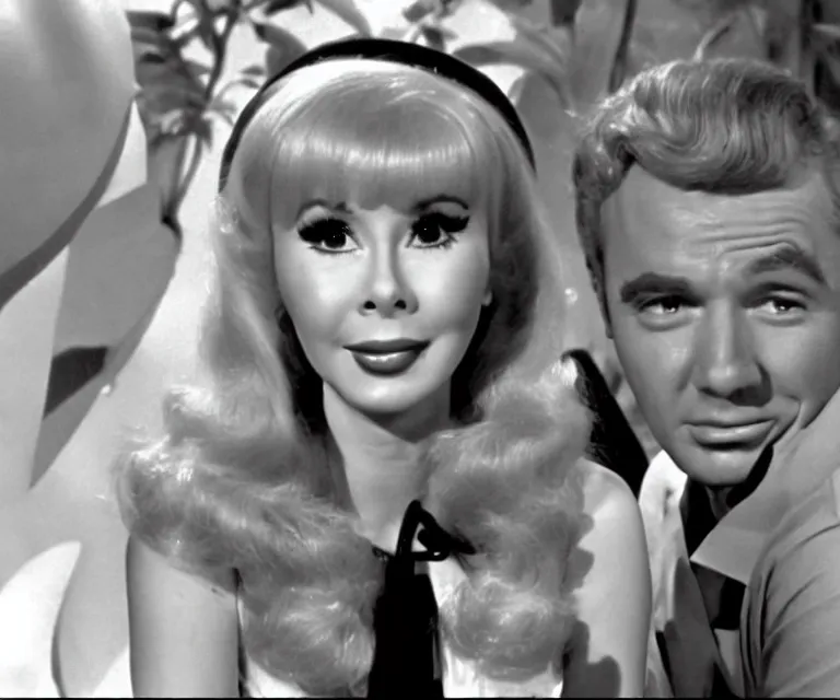 Prompt: a young barbara eden is a guest - star on an episode of gilligan's island, video still