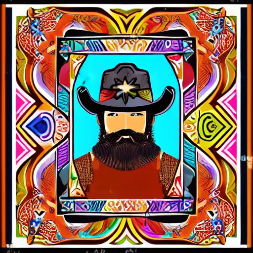 Image similar to bearded cowboy, portrait, highly colorful illuminated borders, persian folkore artstyle