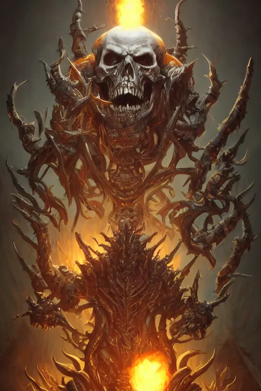 Image similar to death lord stand on skulls, highly detailed, d & d, fantasy, highly detailed, digital painting, trending on artstation, concept art, sharp focus, illustration, global illumination, ray tracing, realistic shaded, art by artgerm and greg rutkowski and fuji choko and viktoria gavrilenko and hoang lap,