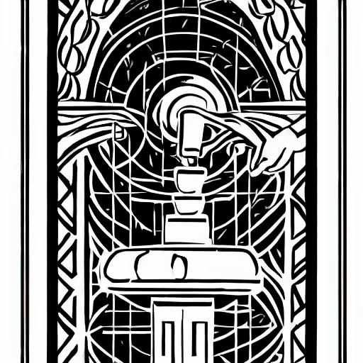 Prompt: man holding scales, tower, ring, archway, gate, geometric, tarot card style, intricate, full color