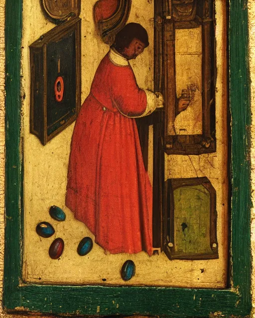 Prompt: a 1 5 th century medieval oil painting of a an iphone on a wireless charger, c. 1 4 7 8. high quality scan