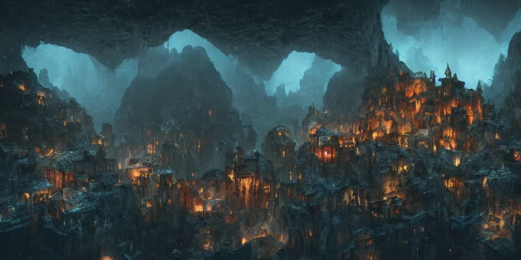 A Shining Dwarven City In A Dark Cavern Rainy Dark Stable Diffusion