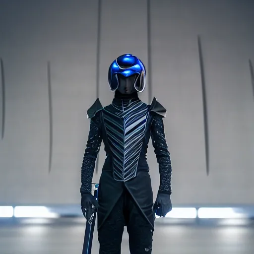 Image similar to low angle shot of austin Butler dressed in futuristic-baroque dark dark blue duelist-garb and nanocarbon-armor, standing in an arena in Dune 2020, XF IQ4, f/1.4, ISO 200, 1/160s, 8K, RAW, unedited, symmetrical balance, face in-frame