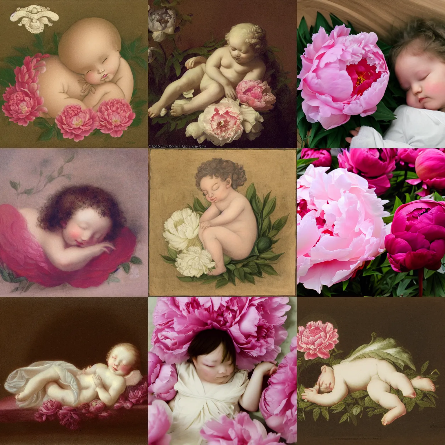 Prompt: cherub sleeping inside a peony