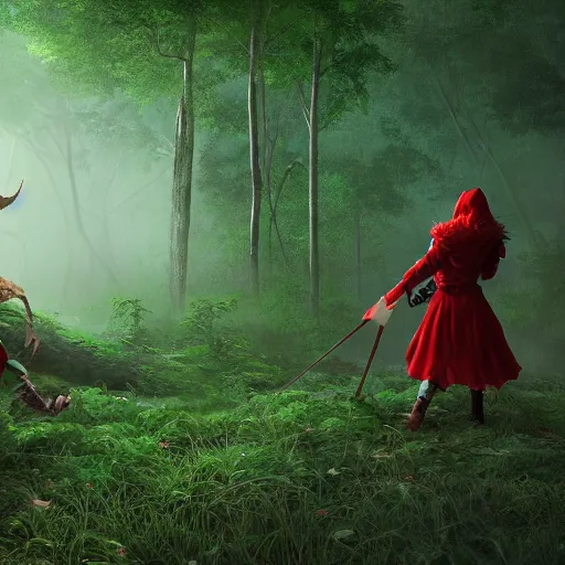 Image similar to portrait of a cute and beautiful, smirking heavily armed little red riding hood, getting attacked by a werewolf from behind in a lush green forest, sharp focus, unreal engine 5, digital illustration, volumetric light, highly detailed, intricate, by michael whelan, james gurney, 8 k